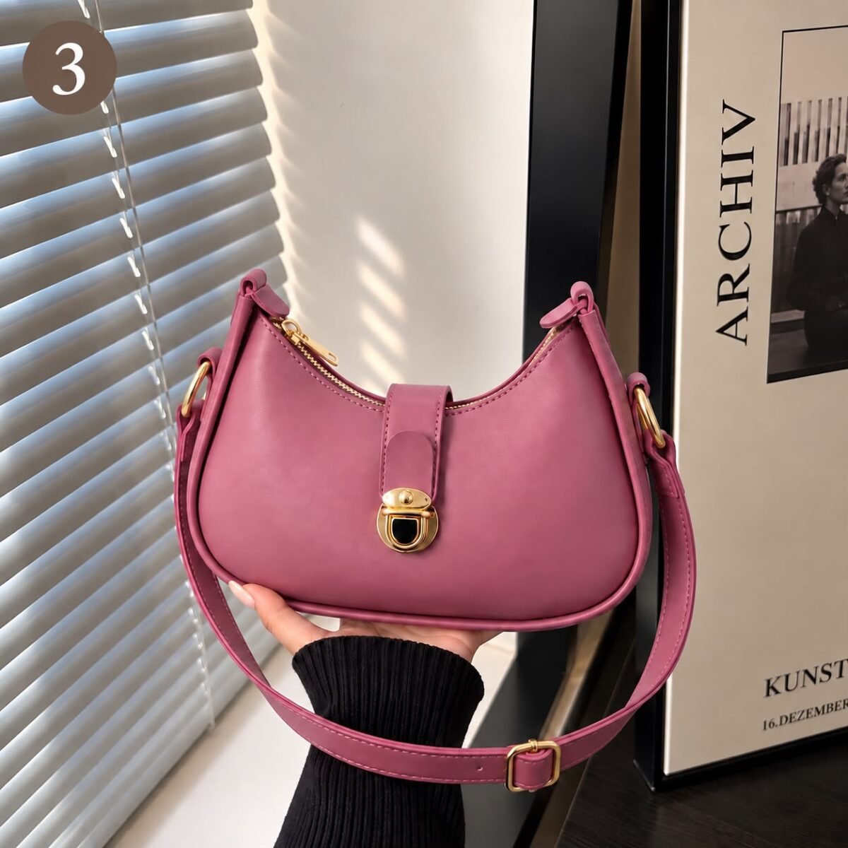 Chic Curved Crescent Shoulder Bag with Gold-Tone Lock Clasp - Image 3