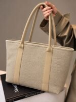 Minimalist Textured Woven Shoulder Tote Bag with Leather Trim - Image 4