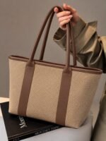 Minimalist Textured Woven Shoulder Tote Bag with Leather Trim - Image 3